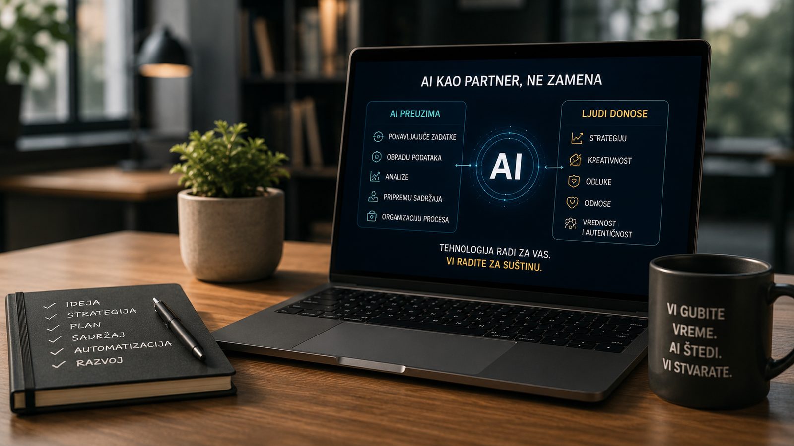 Laptop ekran sa natpisom AI kao partner, ne zamena — AI preuzima ponavljajuće zadatke, ljudi donose strategiju